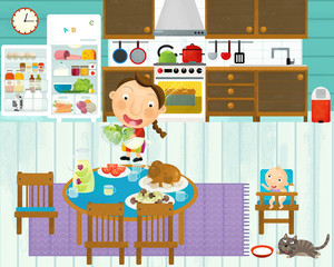 cartoon scene with someone in the kitchen eating and cooking having fun with it - illustration for children