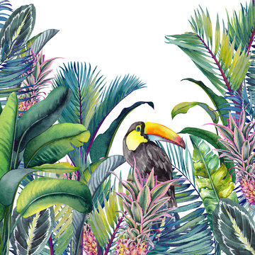 Tropical card with Toucan, palm trees, pineapples, banana and calathea leaves. Watercolor illustration on white background.