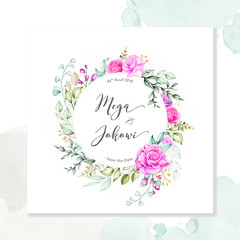 watercolor floral and leaves wedding card template 