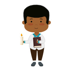 little black boy with bibble and candle first communion
