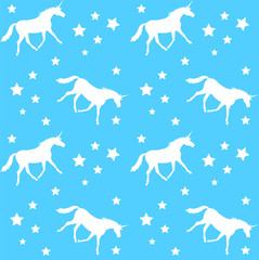 Vector seamless white silhouette unicorn pattern on light blue