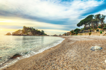 View of Isola Bella island and beach in Taormina