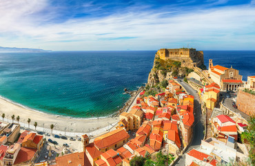 Beautiful seaside town village Scilla with old medieval castle on rock Castello Ruffo - obrazy, fototapety, plakaty