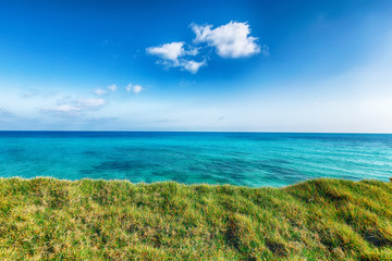 Fototapeta na wymiar Picturesque seascape with green meadow near Torre Sant Andrea