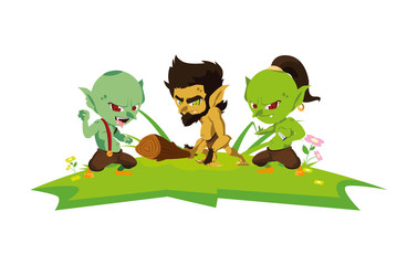 Obraz premium ugly trolls with caveman gnome in the camp magic characters