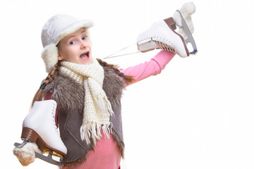 Funny Smiling Caucasian Blond Girl in Winter Clothes. Posing with Ice Skates Over Shoulder In Hands In Front. Against White.