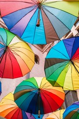 Colorful hanging umbrellas, abstract shoot