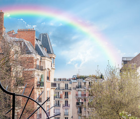 Beautiful rainbow over the Quartier de Montmartre in Paris, France.