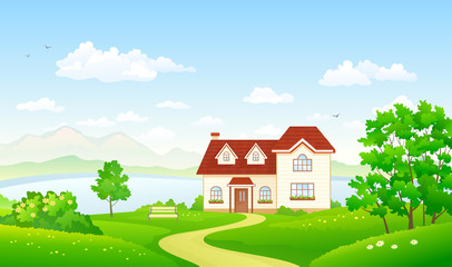 Green landscape banner with a house at the lake