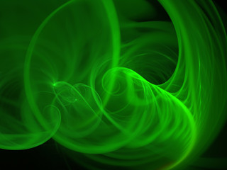 Obraz premium Green Swirling Cloud of Smoke, Digital Illustration, Background Graphic Resource - Soft glowing bands of energy, brilliant light, dreamy soft minimal background. Flowing plasma, curves in motion