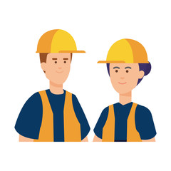 couple builders workers with helmets