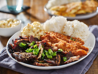 hawaiian bbq plate with mix of chicken katsu, korean kalbi beef short ribs, rice, and macaroni salad