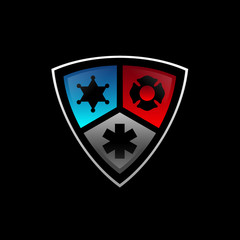3D Public secure badge emblem logo design with police, medical and firearms icon