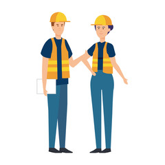 couple builders workers with helmets