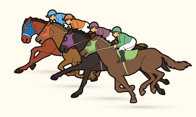 Group of Jockeys riding horse, sport competition cartoon sport graphic vector