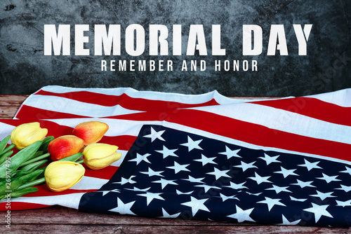 Memorial Day with American flag and flower on wooden background