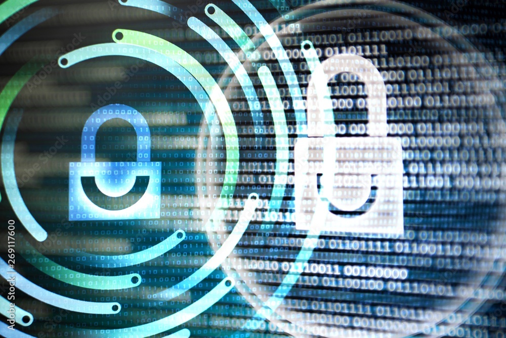 Poster double check security. double exposure image of padlocks icon on computer screen. cyber security protection against hackers virus and spyware. binary data background