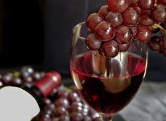 a glass of red wine with dark grapes, on the background of a bottle of wine and red grapes. 