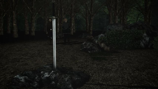 The Legendary Sword Excalibur in a Stone with Merlin and King Arthur