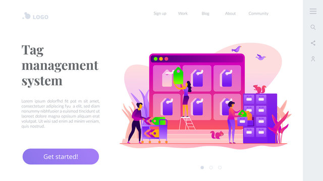 Tag Management System, E-marketing Tagging Tool, Tag Data Collection And Web Analytics Concept. Website Homepage Interface UI Template. Landing Web Page With Infographic Concept Hero Header Image.