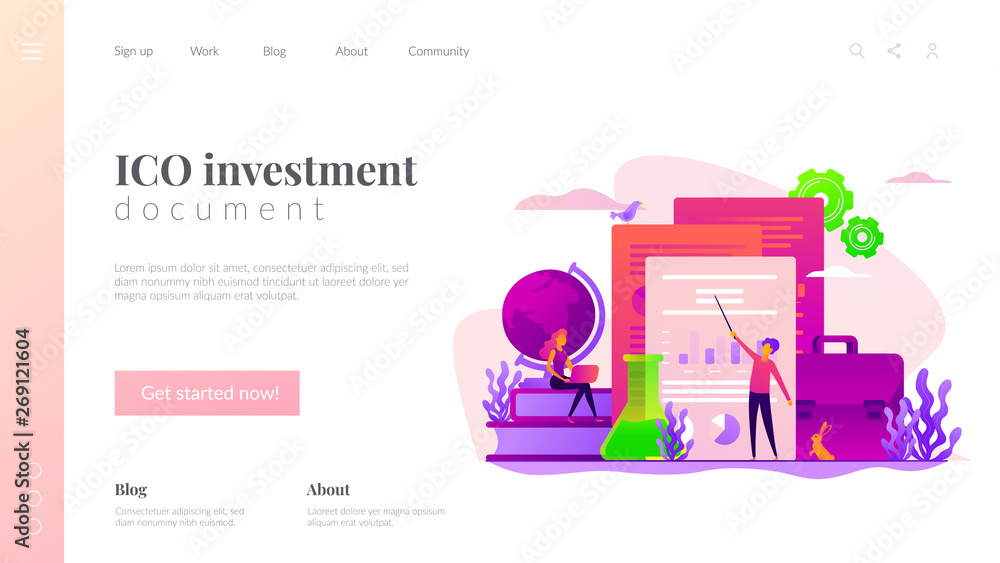 Poster ico investment document, startup business strategy, product development plan and white paper concept