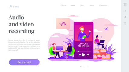 Podcast courses, audio and video recording, class recording access and study aid concept. Website interface UI template. Landing web page with infographic concept creative hero header image.