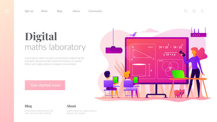 Kids studying mathematics in digital classroom with teacher, tiny people. Math lessons, digital maths laboratory, math tutoring classes concept. Website homepage header landing web page template.