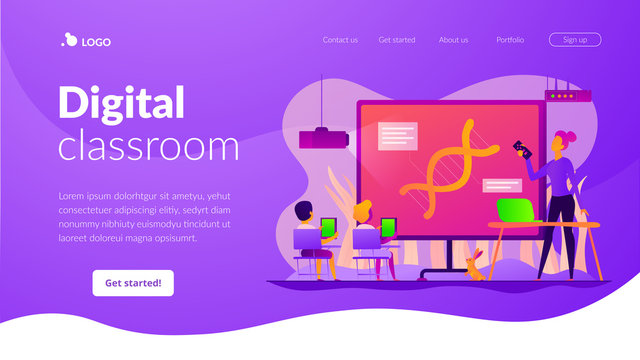 Digital classroom, flipped class and virtual learning, blended learning and smart classroom concept. Website homepage interface UI template. Landing web page with infographic concept hero header image