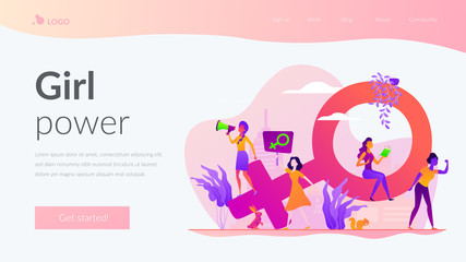 Concept of feminism, girl power, movement, female equality, equal social and civil rights. Website interface UI template. Landing web page with infographic concept creative hero header image.