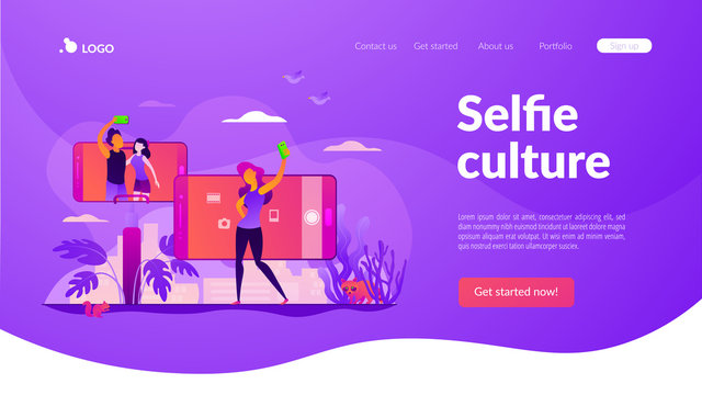 Concept of selfie culture, social network, blog, vlog, self-portrait, popularity. Website interface UI template. Landing web page with infographic concept creative hero header image.