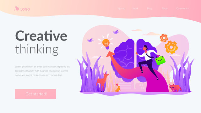 Imagination and vision, creative thinking, ideas and fantasy, motivation and inspiration concept. Website homepage interface UI template. Landing web page with infographic concept hero header image.