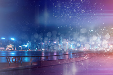 Abstract colorful bokeh with city night background. Double exposure