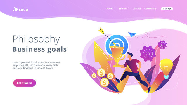 Businessman With Trophy Running And Rising Arrow. Business Mission, Mission Statement, Business Goals And Philosophies Concept On White Background. Website Vibrant Violet Landing Web Page Template.