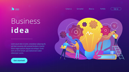 Businessmen handshake and big bulb with rotating gears. Business idea, business launcher and development, business plan concept on white background. Website vibrant violet landing web page template.