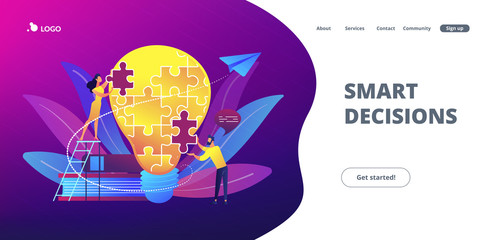 Business team brainstorm, lightbulb and rocket. Vision statement, business and company mission, business planning concept on ultraviolet background. Website vibrant violet landing web page template.