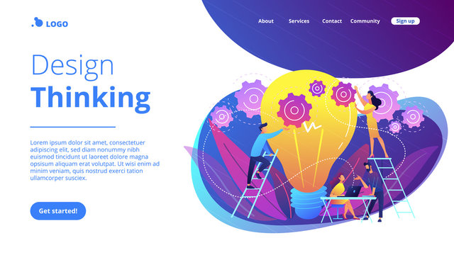 Business team putting gears on big lightbulb. New idea engineering, business model innovation and design thinking concept on white background. Website vibrant violet landing web page template.