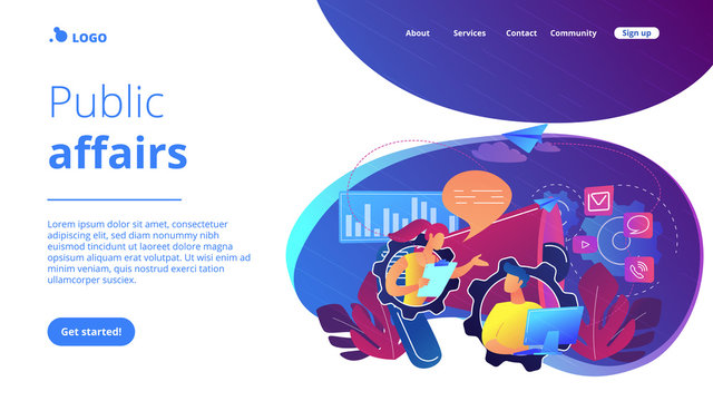 Pr managers communicate and huge megaphone. Public relations and affairs, communication, pr agency and jobs concept on white background. Website vibrant violet landing web page template.