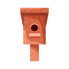 Wooden handmade bird house isolated on white background. Cartoon homemade nesting box for birds, ecology birdbox vector illustration