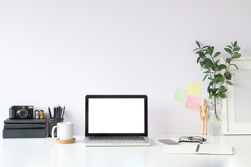Workspace desk and laptop. copy space and blank screen. Business image, Blank screen laptop and...