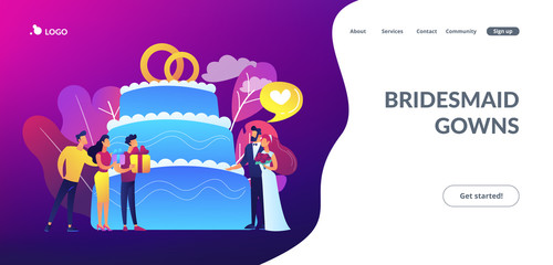 Bride and groom at wedding party and guests with gifts at big cake. Wedding party planning, bridal party ideas, bridesmaid dresses and gowns concept. Website vibrant violet landing web page template.