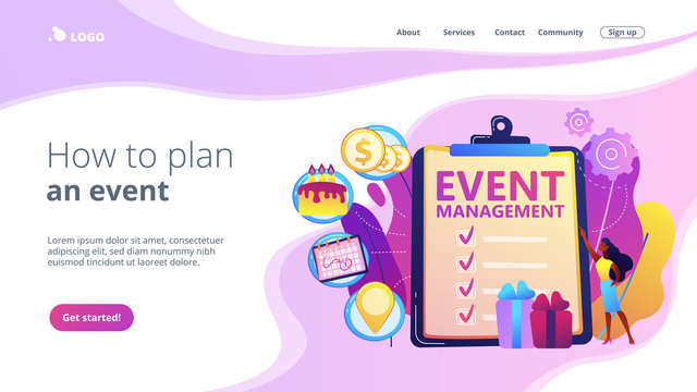 Manager with checklist creating event plan and development. Event management and planning service, how to plan an event, planning software concept. Website vibrant violet landing web page template.