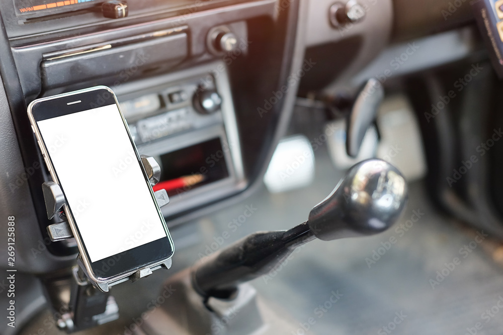 Poster cropped shot view the driver uses the phone while driving. modern smart phone with round edges. isol