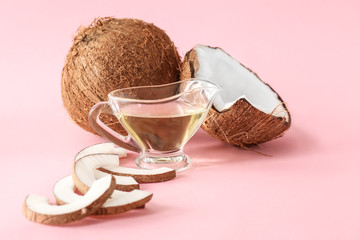 Composition with coconut oil on color background