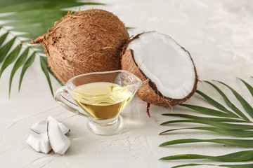 Composition with coconut oil on table