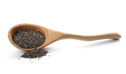 Spoon with chia seeds on white background