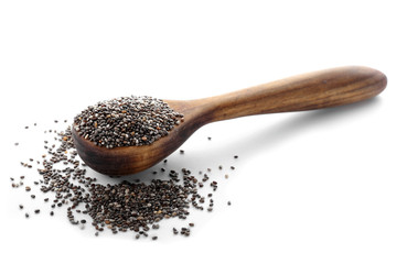 Spoon with chia seeds on white background