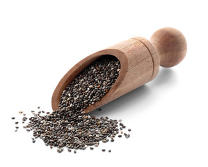 Scoop with chia seeds on white background