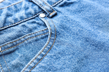 Fototapeta premium Stylish blue jeans, closeup view