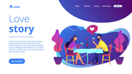 Happy couple in love on romantic date sitting at table and drinking wine, tiny people. Romantic date, romantic relationship, love story concept. Website vibrant violet landing web page template.