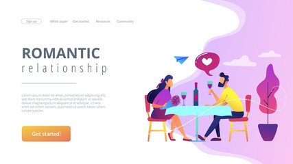 Happy couple in love on romantic date sitting at table and drinking wine, tiny people. Romantic date, romantic relationship, love story concept. Website vibrant violet landing web page template.